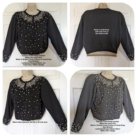 Express Tricot black sweater, White faux pearl trim Made British Crown Hong Kong - Picture 5 of 17